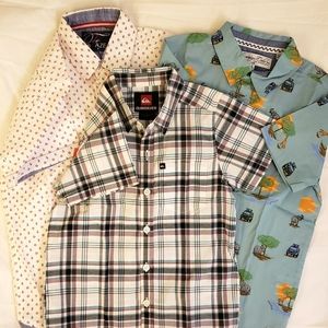 3 boy shirts: Quicksilver plaid & zoo shirt size 6. White shirt size 7